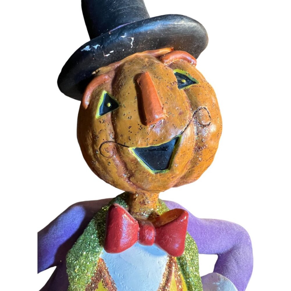 Folk Art Pumpkin Figurine in Flocked Suit Halloween Whimsical 15" tall x 6" wide - Picture 5 of 14